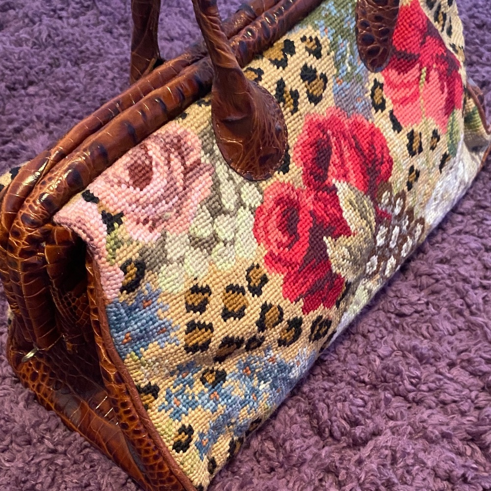 Clever Carriage Co. Floral Needlepoint Doctor Satchel, Croco Embossed Leather - Picture 6 of 16
